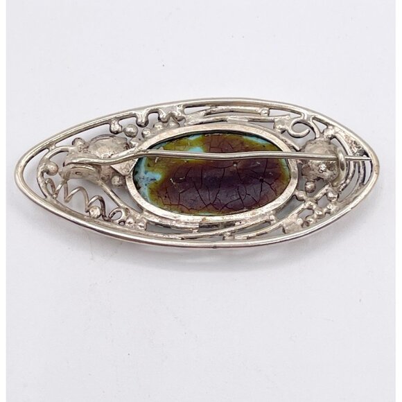 Vintage 925 Sterling Silver Turquoise Brooch Filigree Floral Artisan Signed Alok - Picture 7 of 10